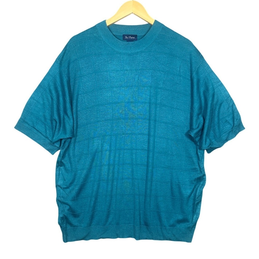 Paul Fredrick Mens Silk Short Sleeve Sweater Teal Textured Grid XL